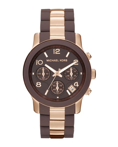 Michael Kors Midsize Brown Silicone And Rose Golden Stainless Steel Runway Chronograph Watch In