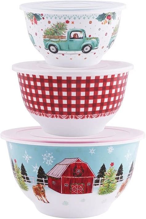 Tpw The Pioneer Woman Holiday Barn Melamine Mixing Bowls With Lids Set