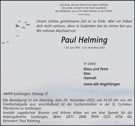 Traueranzeigen Von Paul Helming Noz Trauerportal