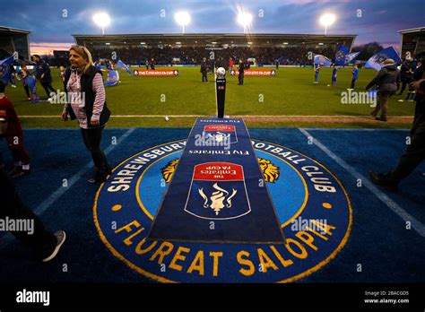 A General View Of The Stadium With Shrewsbury Towns Logo Stock Photo