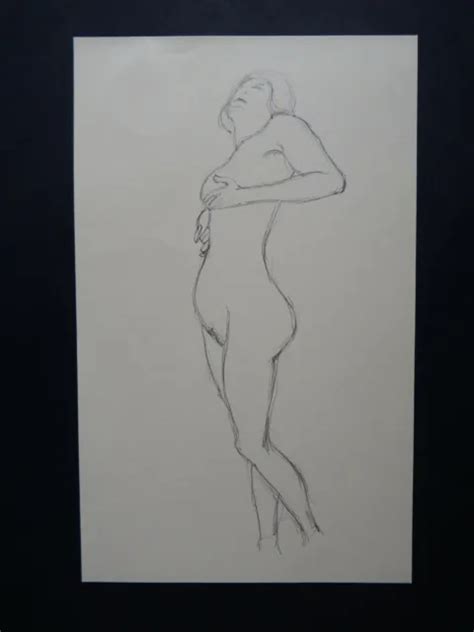 Pencil Drawing After Gustav Klimt Sketch Standing Nude Girl Looking Up