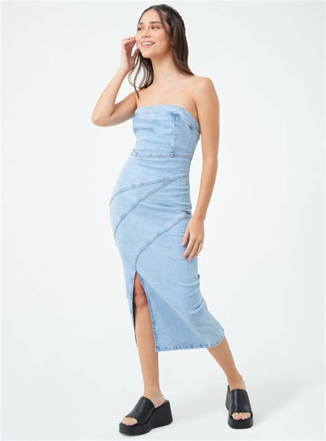 Ripley Vestido Largo Mujer Index Celeste Strapless Denim Colecci N Boho