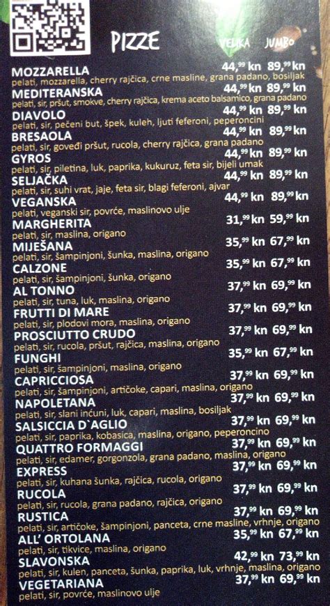 Menu At Pizza Express Zagreb Restaurant Zagreb