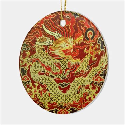 Golden Asian Dragon Embroidered On Dark Red Ceramic Ornament Zazzle