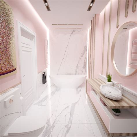 Pink Bathroom With Carrara Marble And Wooden Details Bathroom