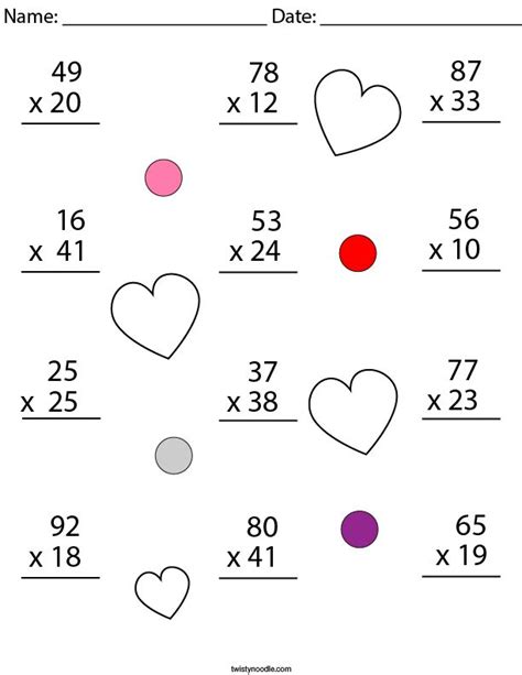 Valentine S Day Multiplication Practice 2 Digit By 2 Digit Math Worksheet Twisty Noodle