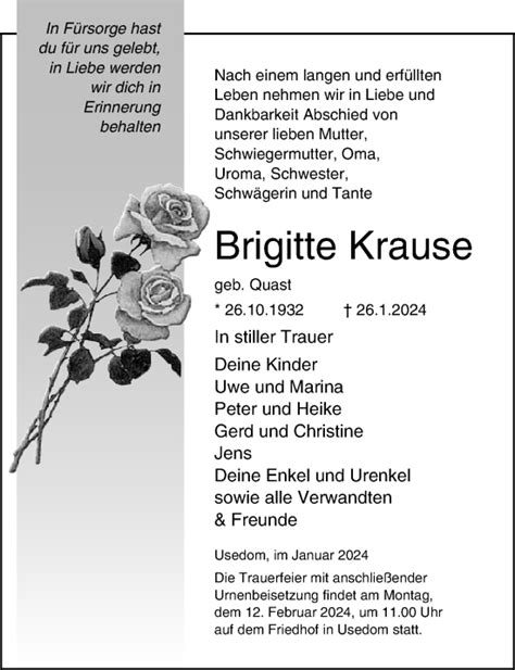 Traueranzeigen Von Brigitte Krause Trauer Anzeigen De