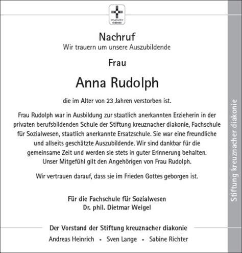 Traueranzeigen Von Anna Rudolph Vrm Trauer De