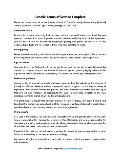 Generic Terms Of Service Template Pdf Terms Of Service Indemnity