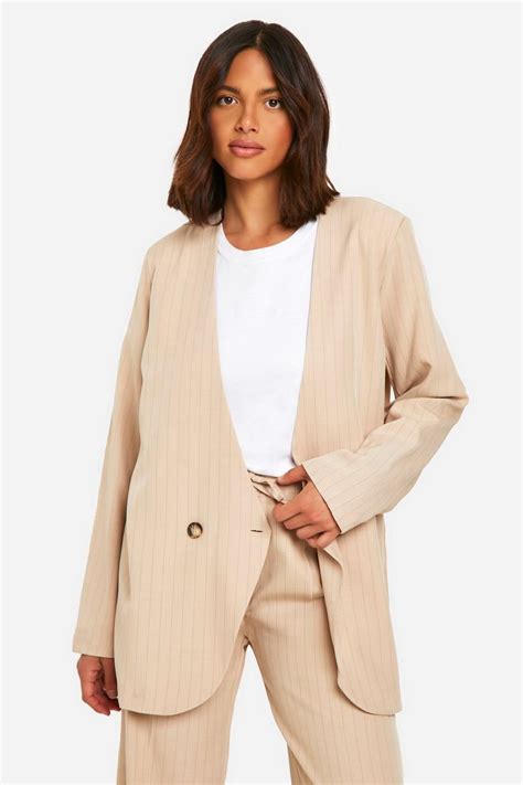 Pinstripe Collarless Oversized Longline Blazer Boohoo Uk