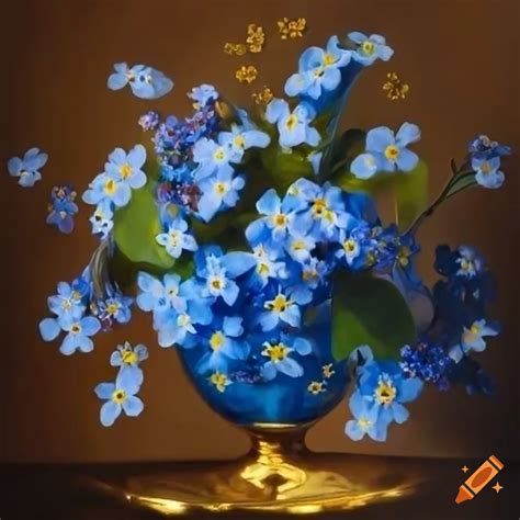 A Beautiful Still Life Painting With Forget Me Not Flowers In A Golden Vase On Craiyon