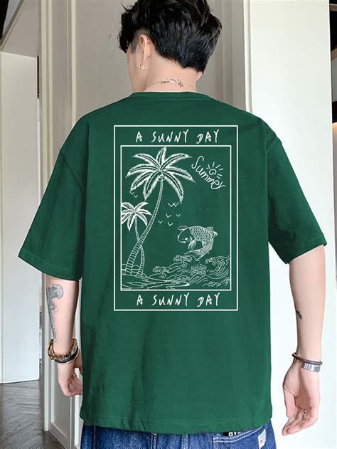 Men Coconut Tree And Letter Graphic Tee Dark Green Boho Mens Graphic