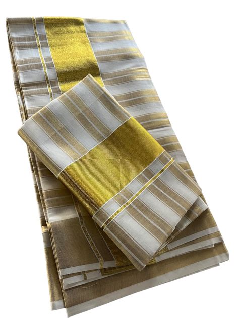 Kerala Set Mundu Gold Stripe Tissue Vishu Onam Dress Mundum Neriyathum