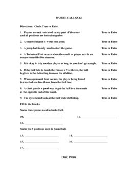 Basketball Written Quiz by Bright Light Ideas | TPT