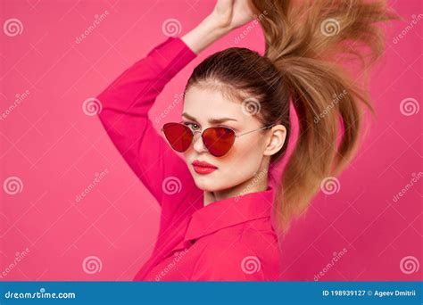 Woman In Pink Shirt And Brown Glasses Cropped View Fashion Model Emotions Gesturing Hands