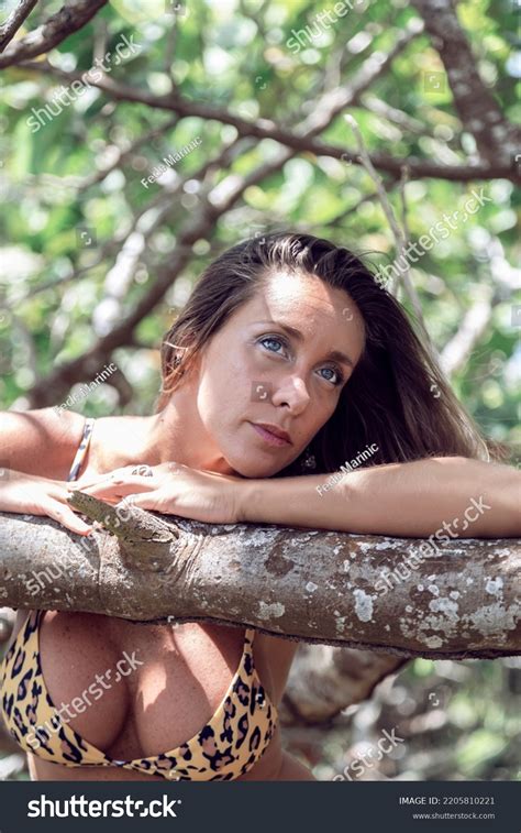 Sexy Beautiful Woman Leopard Bikini Jungle Stock Photo 2205810221