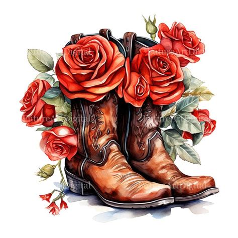 Watercolor Cowboy Boots With Roses Digital Clipart Transparent