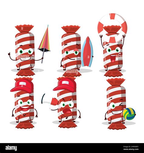 Happy Face Red Long Candy Package Cartoon Character Playing On A Beach