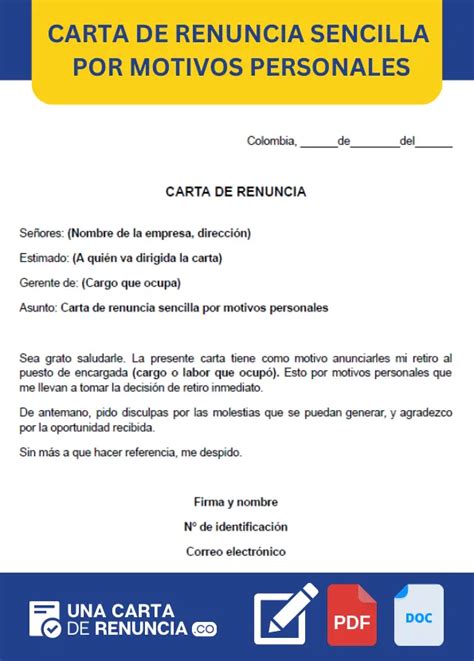 ᐅ Carta de Renuncia Sencilla por Motivos Personales