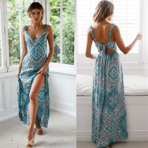 Sexy Long Beach Dress Women Halter Backless Floral Printed Female