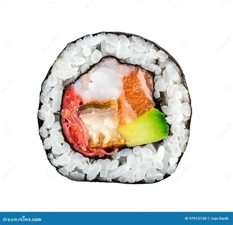 Rollo De Sushi Con Los Salmones Los Camarones Y El Aguacate Foto De