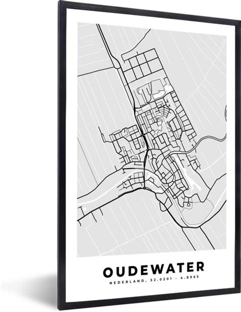 Fotolijst Incl Poster Zwart Wit Oudewater Plattegrond Kaart