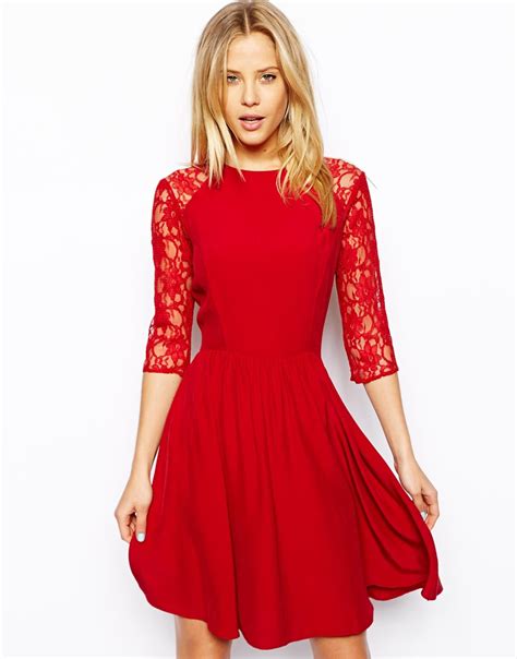 Asos Skater Dress With Lace Sleeves In Red Lyst