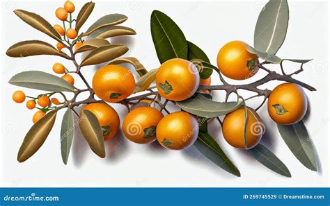 Kumquat Isolated Set Of Orange Ripe Cumquat Fruit On Branch With Green