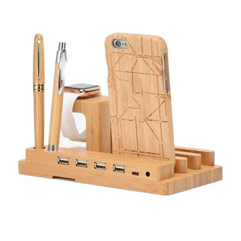 WD06 C Bamboo Wooden 4 In 1 USB 4 Port Micro HUB Charging Stand Station