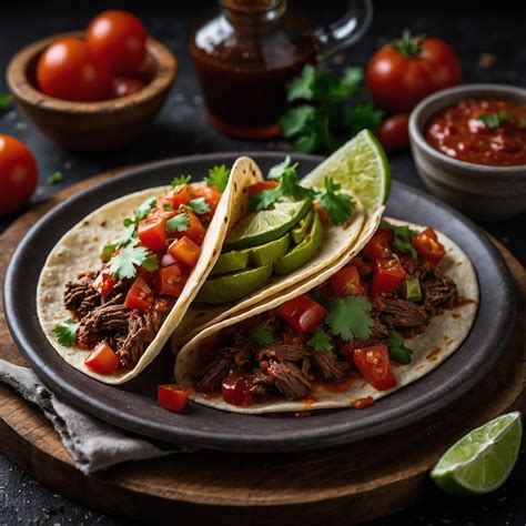 Premium Photo Mexican Tacos With Beef In Tomato Sauce And Salsa