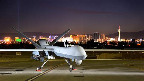 An Mq 9 Reaper Is Static Displayed With The Las Vegas Skyline During