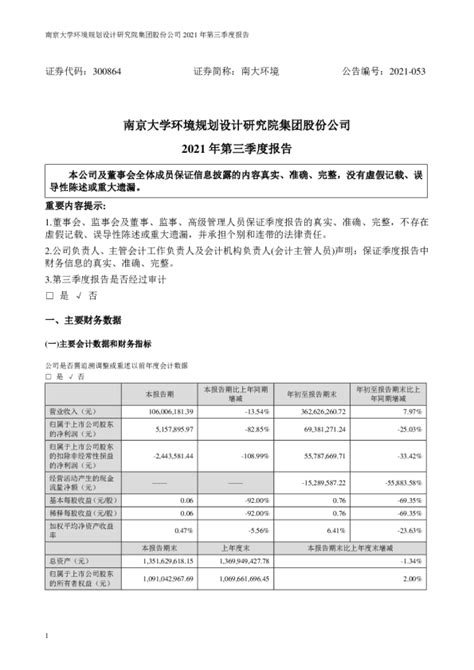 南大环境：2021年第三季度报告