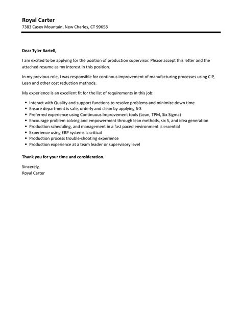 Production Supervisor Cover Letter Velvet Jobs