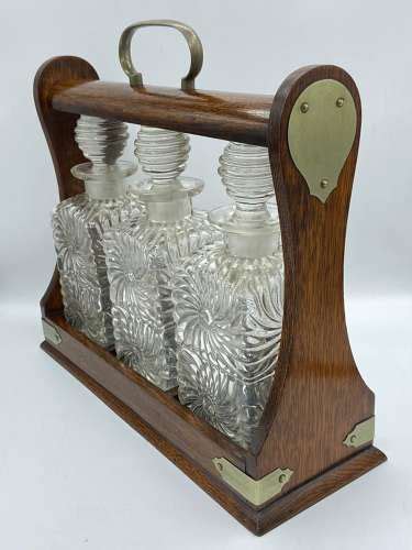 Antique Edwardian Oak Tantalus Three Crystal Cut Sun Swirl Decanters