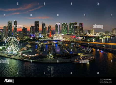 Aerial View Of Yachts In Miami Marina At Bayside Marketplace With