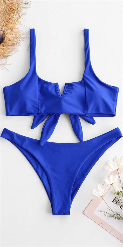 Cute Royal Blue V Wired Knot Bikini Set Bathing Suit Bikinis Royal