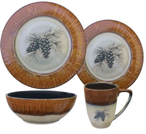 Rustic Dinnerware Cabin Dishes Pine Cone 16pc Set Stoneware Each Piece