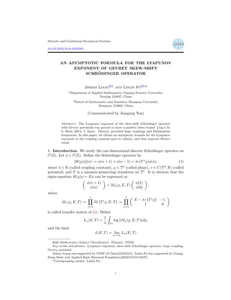 PDF An Asymptotic Formula For The Lyapunov Exponent Of Gevrey Skew