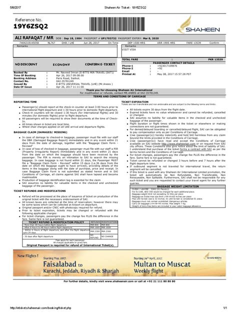 Shaheen Air Ticket - 19Y6ZSQ2 | PDF | Ticket (Admission) | Baggage