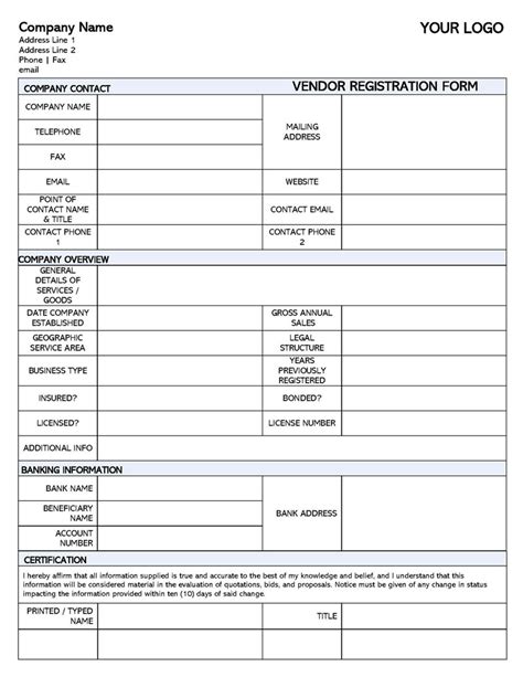 Free Vendor Registration Forms And Templates Editable