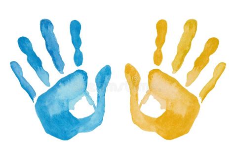 Watercolor Illustration of Hand Painted Blue and Yellow Prints of Hands ...