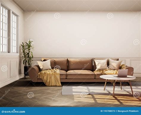 Vintage Style Living Room with Beige Color Wall 3d Render. the Rooms Have Wooden Floors, Light ...