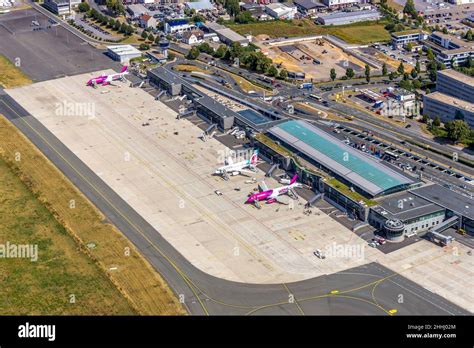 Aerial view, Dortmund Airport with reception building and terminal building, Eurowings and Wizz ...