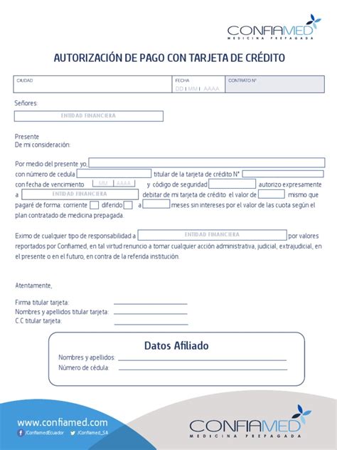 Autorización De Pago Con Tarjeta De Crédito Editable Pdf