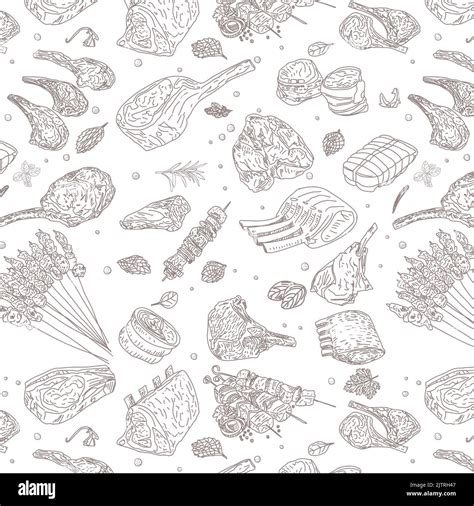 Meat Seamless Pattern Beef Pork Lamb Hand Drawn Vector