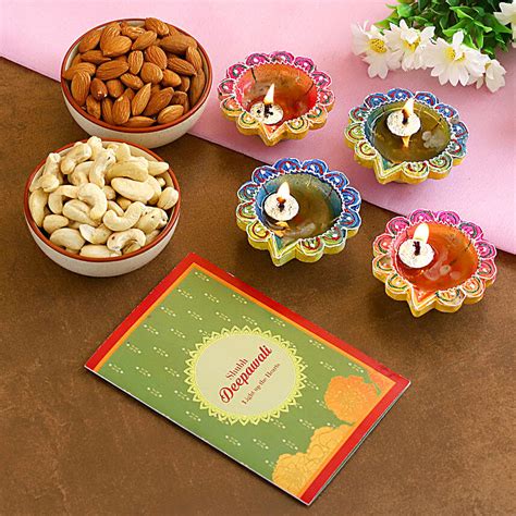 Diyas With Greeting Card And Dry Fruits Indonesia Gift Diyas With