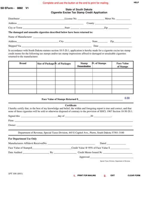 Fillable Sd Eform 0892 Cigarette Excise Tax Stamp Credit Application