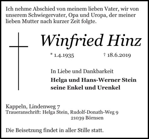 Traueranzeigen Von Winfried Hinz Sh Z Trauer