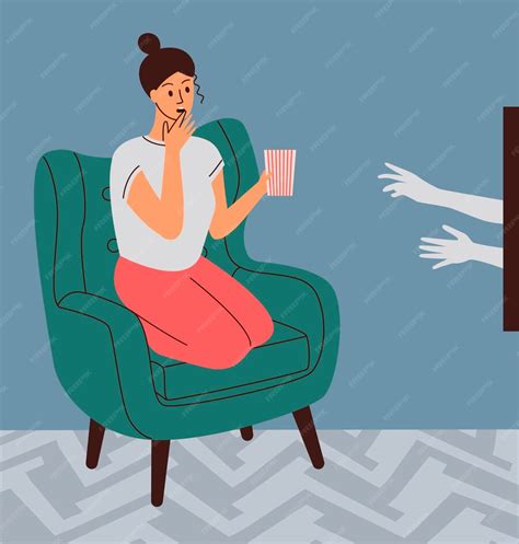 Premium Vector Horror Themed Scene Ghost Concept Woman Sitting In Chair In Front Tv Gets