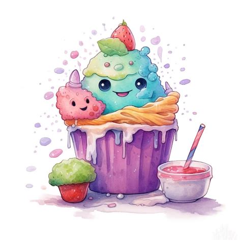 Uma Pintura Em Aquarela De Um Cupcake Um Rosto E Um Morango No Topo